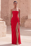 Light Pink Strapless Sheath Ruched Long Prom Dress with Slit