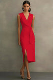 White Satin V-Neck Formal Dress with Belt