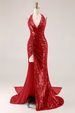 Sparkly Fuchsia Mermaid Halter Sequin Long Prom Dress with Slit