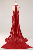 Sparkly Fuchsia Mermaid Halter Sequin Long Prom Dress with Slit