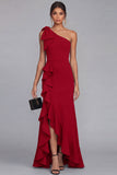One Shoulder Black Sheath Ruffled Long Formal Dress with Slit