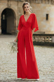 Simple Ivory V-Neck Wedding Jumpsuit with Pocket