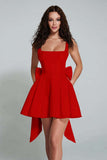 Ivory A Line Square Neck Backless Short Homecoming Dress with Back Giant Bow