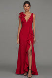 Dark Green Sheath V-Neck Ruffled Ruched Long Formal Dress with Slit