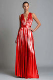 Gold A-Line V-Neck Metallic Long Formal Dress