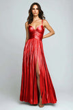 Sliver A Line Metallic Pleated Formal Dress With Slit