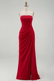 Light Pink Strapless Sheath Ruched Long Prom Dress with Slit