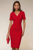 Black Bodycon V-Neck Midi Work Dress with Short Sleeves