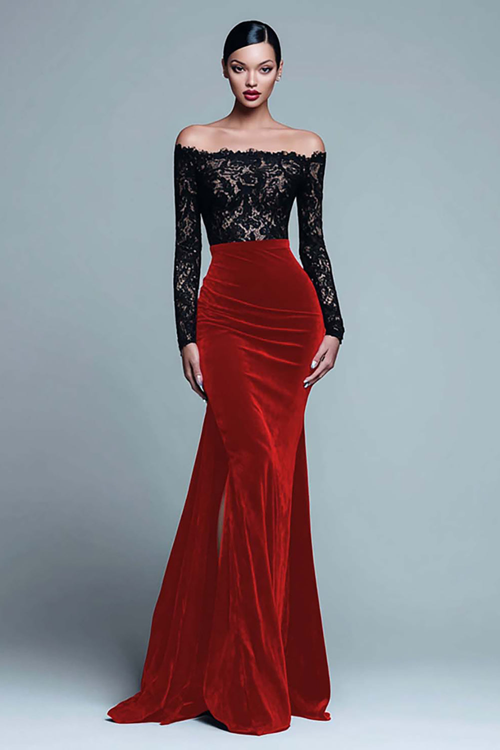 Zapaka Women Black and Burgundy Long Formal Dress with Lace Velvet Off the Shoulder Long Sleeves Holiday Party Dress with Slit, Red / US8 Zapaka Women Black and Burgundy Long Formal Dress with Lace Velvet Off the Shoulder Long Sleeves Holiday Party Dress with Slit, Red / US8
