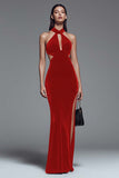 Dark Green Velvet Halter Sheath Long Formal Dress with Slit