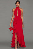 Black Sheath Halter Neck Ruffled Cut Out Long Formal Dress with Slit