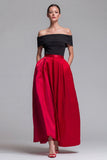 Off the Shoulder Fuchsia and Red A Line Color Block Midi Formal Dress