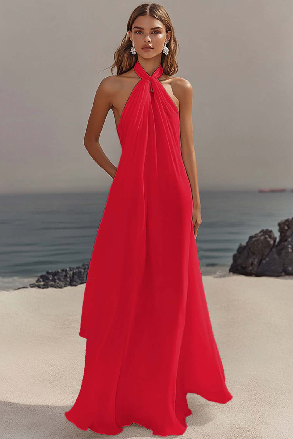 ZAPAKA Women White Long Beach Dress Sheath Halter Chiffon Bridal Dress, Red / US4 ZAPAKA Women White Long Beach Dress Sheath Halter Chiffon Bridal Dress, Red / US4