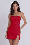 Strapless Bodycon Ruched White Mini Dress with Slit