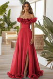 Off The Shoulder Blue A Line Formal Dress With Slit