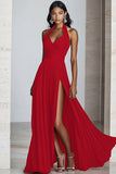 Black A Line Halter Chiffon Long Pleated Formal Dress
