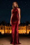 Purple Velvet Halter Sheath Long Formal Dress