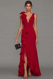 Black Sheath V-Neck Ruffled Long Formal Dress with Slit