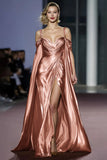 Coffee Metallic Cold Shoulder Long Gala Dress With Slit