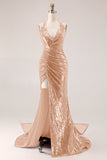 Sparkly Fuchsia Mermaid Halter Sequin Long Prom Dress with Slit