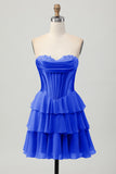 Blue Tiered Corset A Line Strapless Short Homecoming Dress