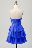 Blue Tiered Corset A Line Strapless Short Homecoming Dress