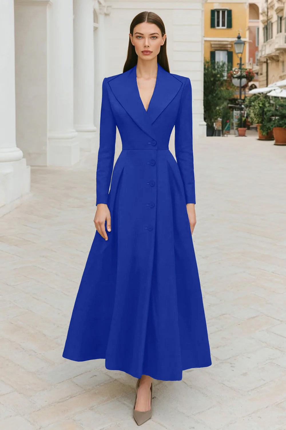 Zapaka Women Navy Work Dress Lapel Single-breasted A Line Long Sleeve Business Outfit, Royal Blue / M Zapaka Women Navy Work Dress Lapel Single-breasted A Line Long Sleeve Business Outfit, Royal Blue / M