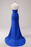 Fuchsia Mermaid Strapless Ruched Corset Long Prom Dress with Slit