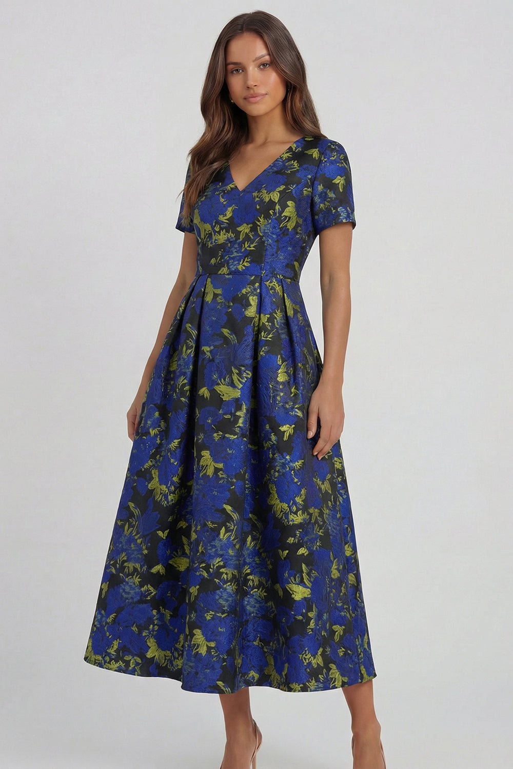 ZAPAKA Women Blue White Flower Midi Wedding Guest Dress A-Line Printed Short Sleeves V-Neck Formal Dress ZAPAKA Women Blue White Flower Midi Wedding Guest Dress A-Line Printed Short Sleeves V-Neck Formal Dress