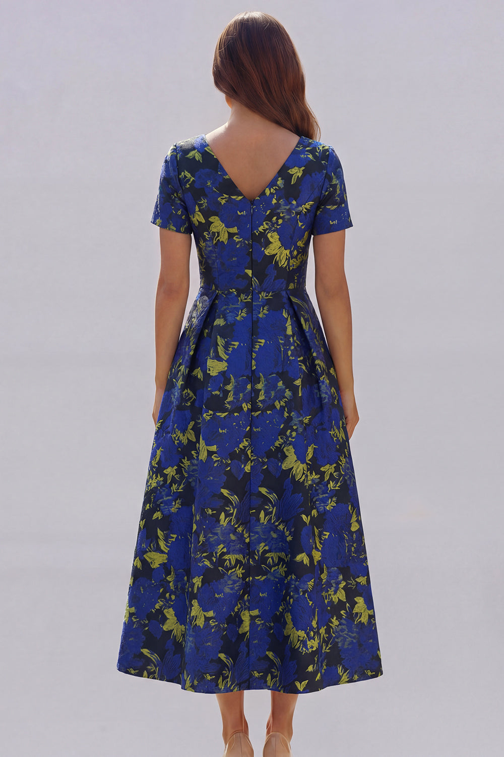 ZAPAKA Women Blue White Flower Midi Wedding Guest Dress A-Line Printed Short Sleeves V-Neck Formal Dress ZAPAKA Women Blue White Flower Midi Wedding Guest Dress A-Line Printed Short Sleeves V-Neck Formal Dress