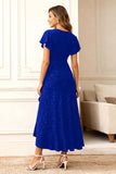 Glitter Black A Line Ruffle Holiday Party Dress with Sleeves