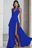 Black A Line Halter Chiffon Long Pleated Formal Dress