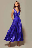 Fuchsia A-Line Metallic Pleated V-Neck Formal Dress