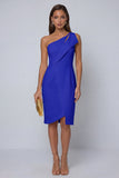 Dark Navy One Shoulder Bodycon Asymmetrical Ruched Midi Work Dress