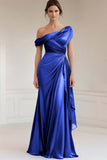 Mermaid Grey Blue One Shoulder Satin Ruched Mother Of Bride Dress with Ruffles