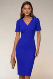 Black Bodycon V-Neck Midi Work Dress with Short Sleeves