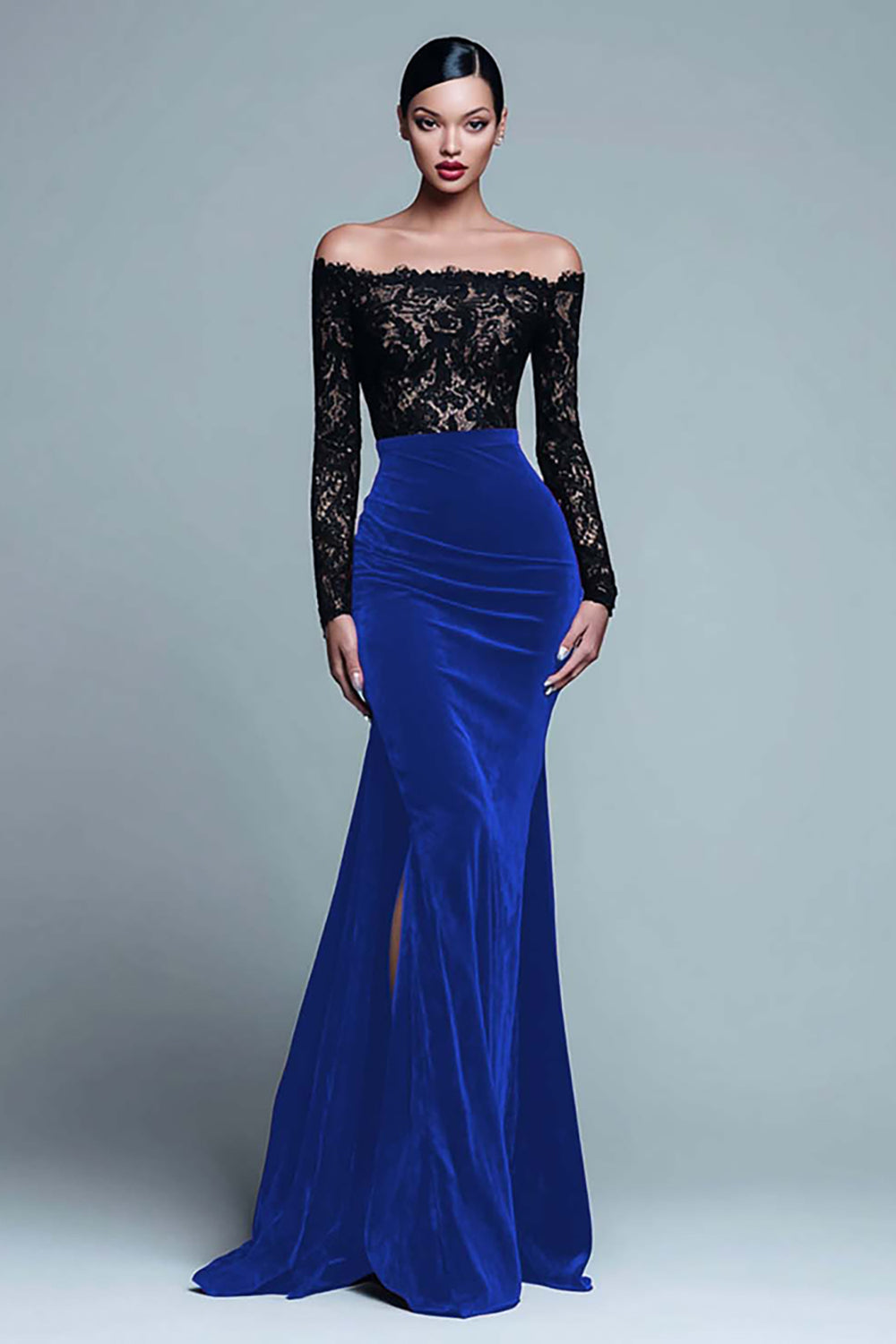 Zapaka Women Black and Burgundy Long Formal Dress with Lace Velvet Off the Shoulder Long Sleeves Holiday Party Dress with Slit, Royal Blue / US2 Zapaka Women Black and Burgundy Long Formal Dress with Lace Velvet Off the Shoulder Long Sleeves Holiday Party Dress with Slit, Royal Blue / US2