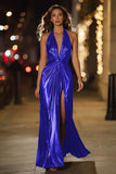 Red Halter Metallic Ruched Formal Dress Wth Slit