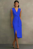 White Satin V-Neck Formal Dress with Belt