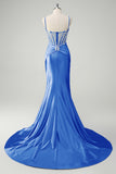 Blue Mermaid Spaghetti Straps Corset Appliqued Prom Dress