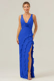 Lime Sheath Deep V Neck Backless Long Bridesmaid Dress with Ruffle Slit