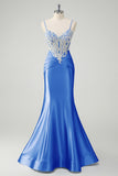 Blue Mermaid Spaghetti Straps Corset Appliqued Prom Dress