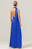 Blue White Flower Deep V Neck Streamer Backless Long Bridesmaid Dress with Slit