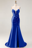 Navy Mermaid Strapless Corset Ruched Beaded Long Prom Dress with Bow