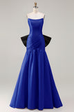 Strapless Fuchsia A-Line Convertible Satin Long Prom Dress with Large Bow