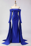 Dark Green Off The Shoulder Ruched Satin Mermaid Long Prom Dress with Long Sleeves