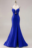 Fuchsia Mermaid Cut Out Satin Pleated Bowed Long Prom Dress with Slit
