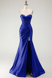 Sweetheart Burgundy Mermaid Beaded Corset Plus Size Long Prom Dress with Slit