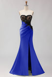 Strapless Mermaid Black Green Appliqued Lace Long Prom Dress with Slit