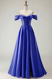 Off The Shoulder A Line Beaded Satin Purple Long Prom Dress with Slit